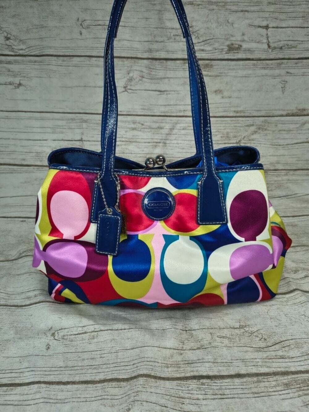 Coach Multicolor Signature Print Blue Leather Handbag